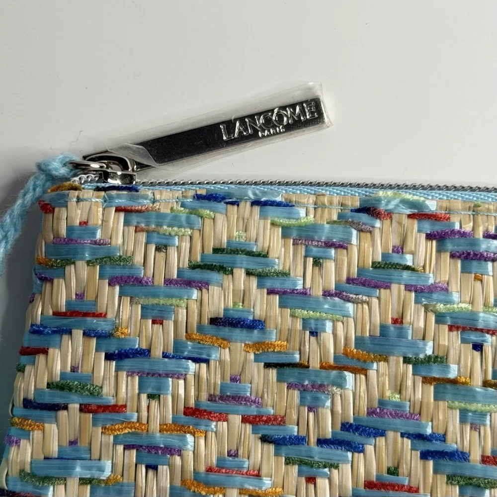 Lancome Cosmetic Bag Woven Blue Multicolored Tasseled Make Up Bag Travel Storage